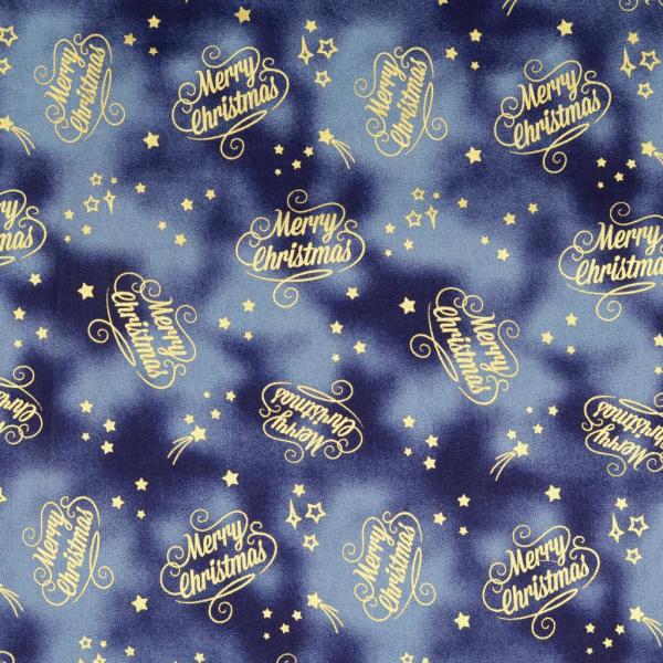 Baumwoll Druck Merry Christmas auf Blau mit goldenen Sternen